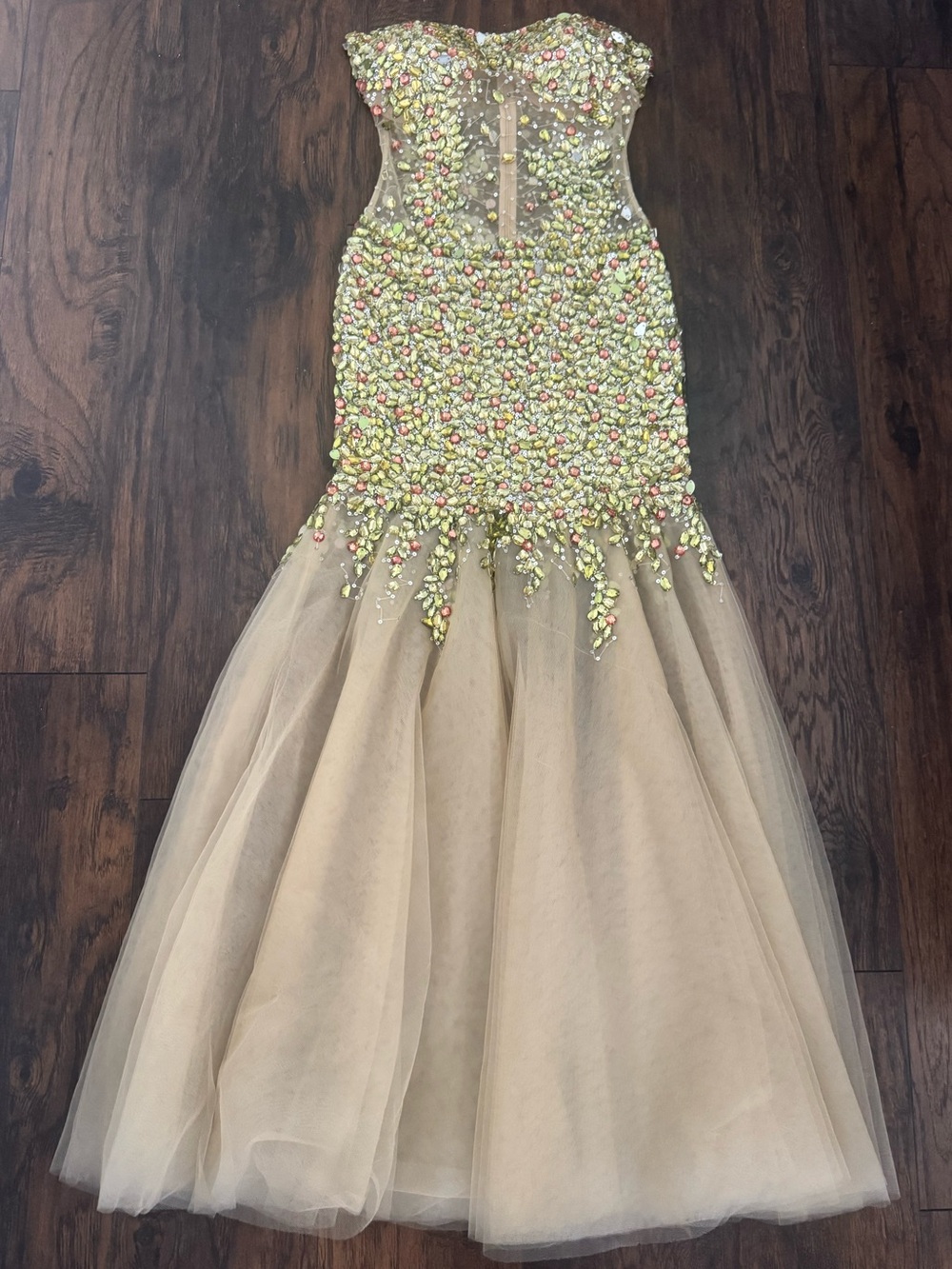 Strapless Mermaid Gown Gold Tulle At Bottom Green And Bronze Sequins On Top